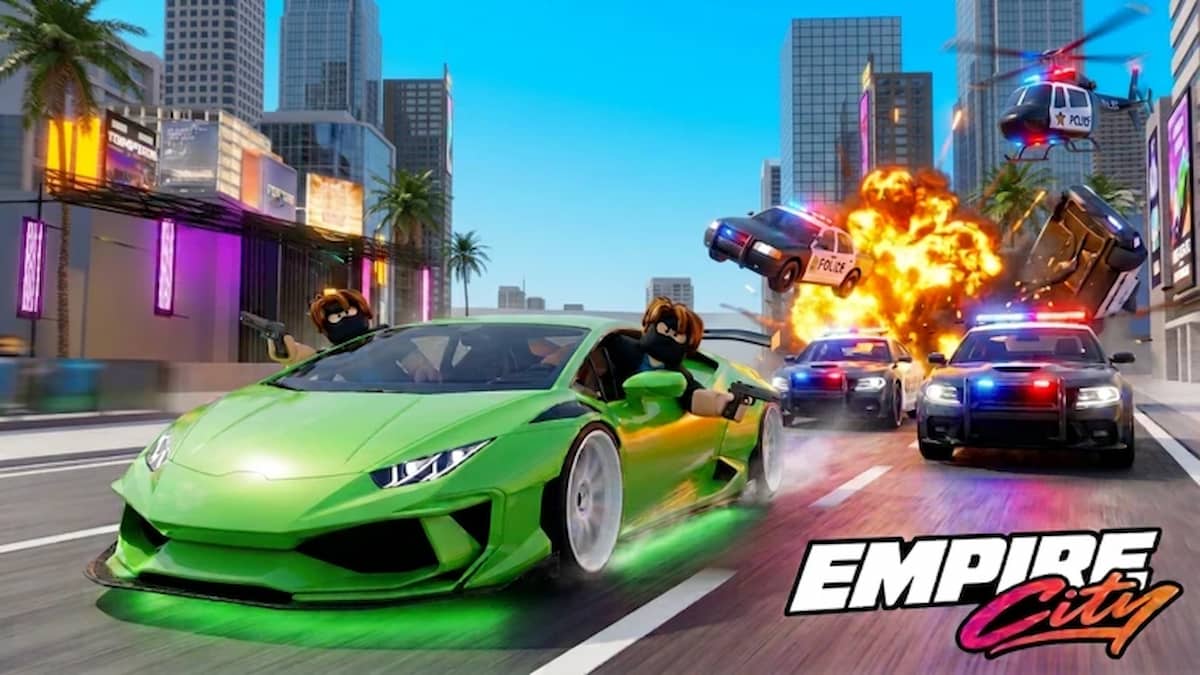Empire City codes official artwork showing Roblox criminals escaping in a green sports car while police cars and a helicopter chase them through the city.
