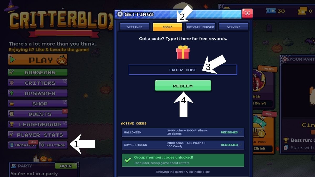 Code redemption system for CritterBlox