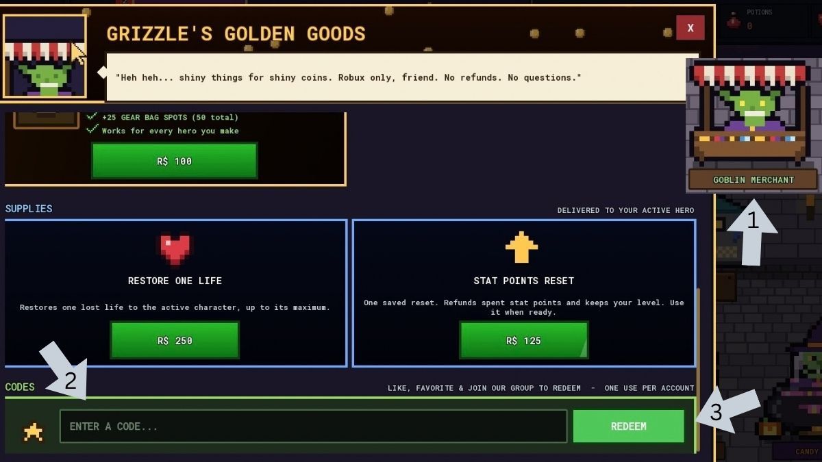 Pixel Lineage code redemption process with arrows showing where to click