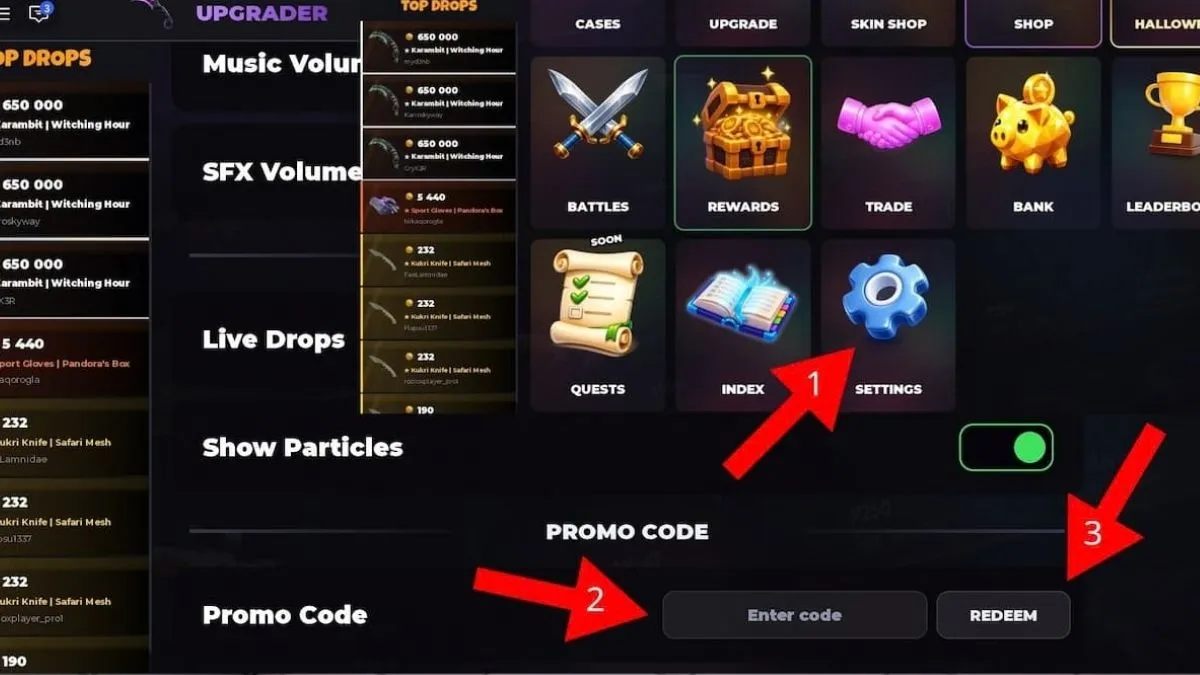 Code Redemption system for MUSOR DROP inside the settings menu