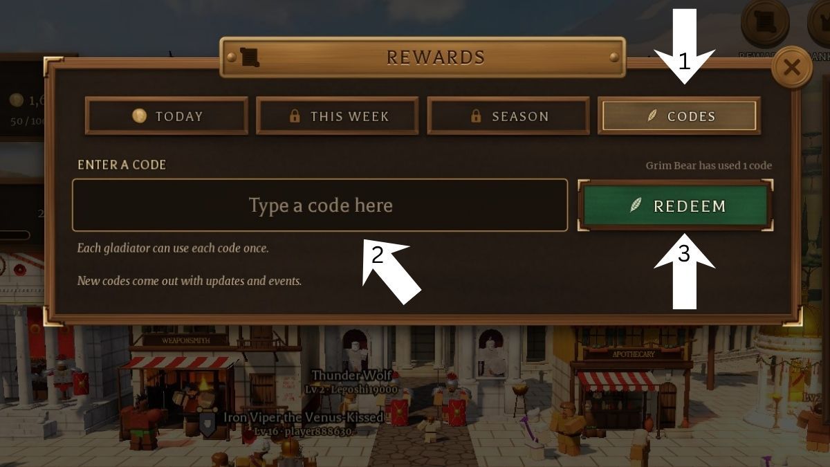 Gladiator Life codes redemption system