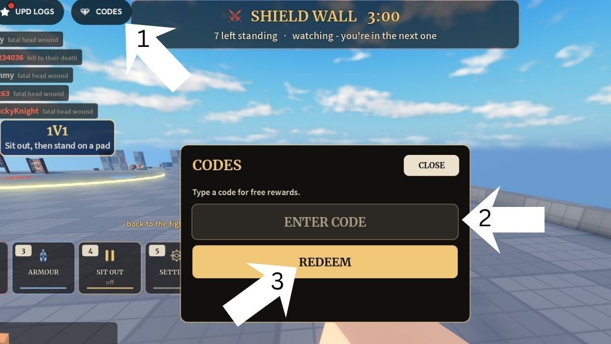 Ragdoll Sword Battles code redemption system pop-up menu