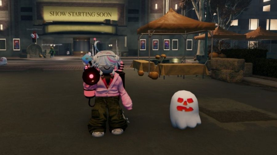 The Hollow Ghost Launcher event hub scene The Hollow Roblox event hub scene with a player avatar and a white Ghost Launcher prize
