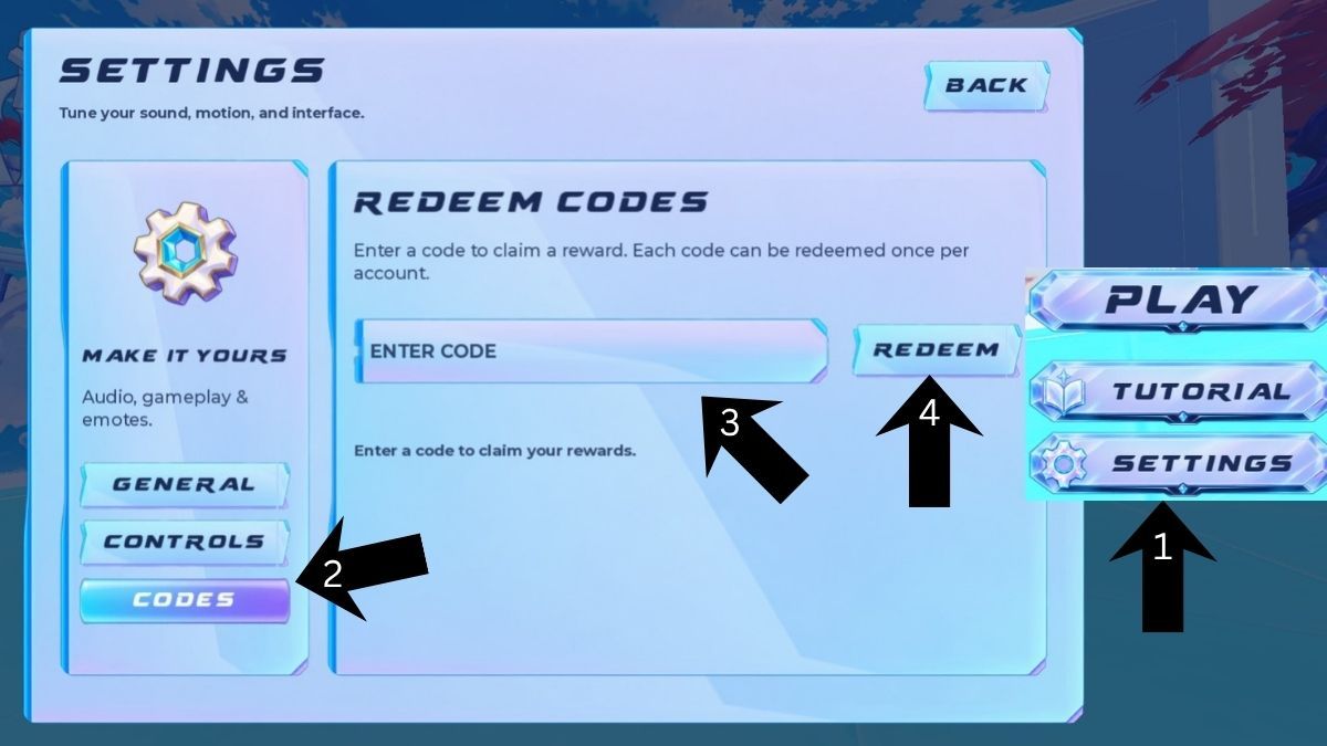 Wall Ball code redemption system located inside the Settings menu