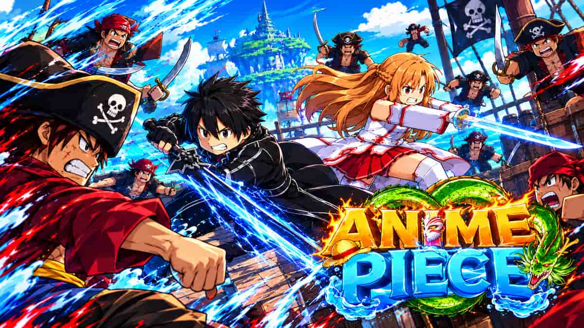 Anime Piece codes official artwork showing anime-inspired sword fighters and pirates battling across a colorful island with the Anime Piece logo.