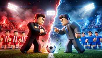 Be a Soccer Manager official artwork showing two rival Roblox soccer managers facing off on the pitch with red and blue teams behind them.