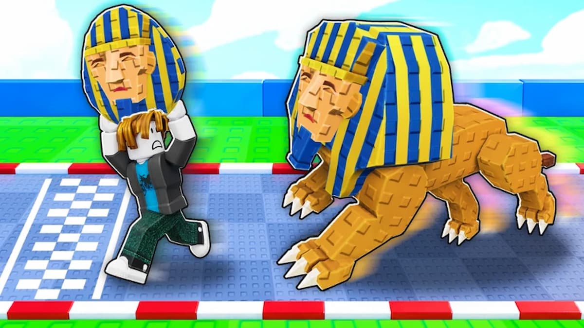 Race For Eggs official artwork showing a Roblox player carrying a pharaoh head while racing beside a giant sphinx-like creature.