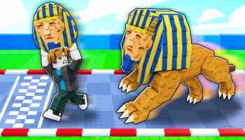Race For Eggs official artwork showing a Roblox player carrying a pharaoh head while racing beside a giant sphinx-like creature.
