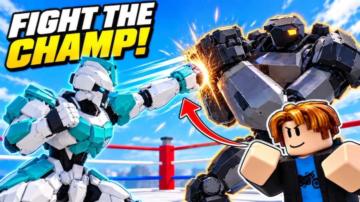 Ragdoll Robot Boxing official artwork showing two futuristic robots trading punches in a boxing ring while a Roblox player watches.