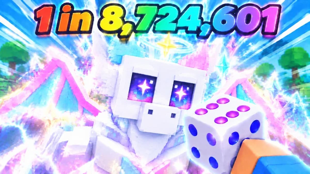 Pet Dice game artwork showing a glowing white fantasy pet beside a large dice, surrounded by colorful magical effects and a rare odds display.