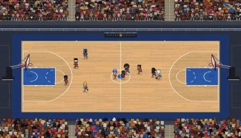 Pixel Basketball game artwork showing a top-down pixel-art basketball match taking place in a packed indoor arena.