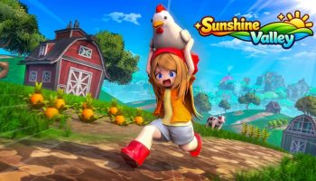 Sunshine Valley game artwork showing a girl carrying a chicken through a colorful farm landscape, with barns, crops, animals, and the Sunshine Valley logo in the background.