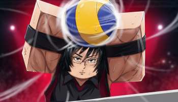 Volleyball Journey game artwork showing an anime-inspired volleyball player preparing to block a ball above the net in a red-lit arena.